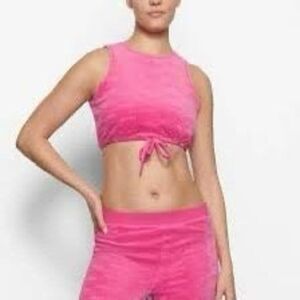 Skims Logo Hot Pink Cotton Blend Sleeveless Velour Tie Crop Tank Top Size Large